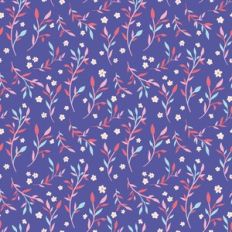 Branches with Leaves and Flowers Pattern on Purple Blue