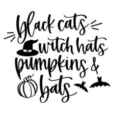 Black Cats Witch Hats Pumpkins and Bats