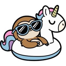 relaxing sloth on a inflatable unicorn