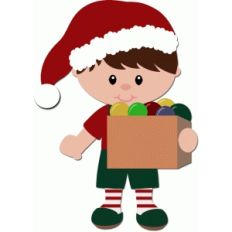 elf boy holding box of christmas ornaments