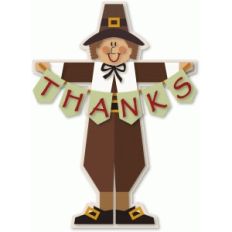 pilgrim boy figure with thanks banner