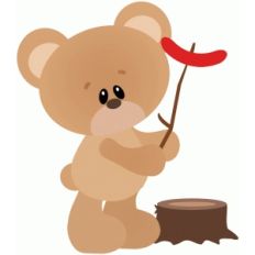 camping bear cooking hotdog