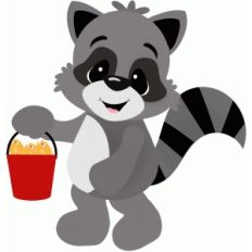 raccoon carrying bucket of fish