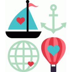 travel icons: balloon, boat, globe, anchor
