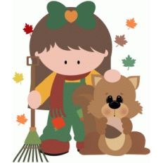 fall girl w rake and squirrel