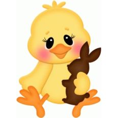 easter chick holding chocolate bunny