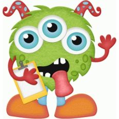 green school monster w clipboard