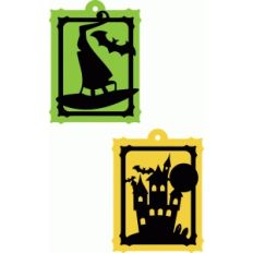halloween tags witch hat and haunted house