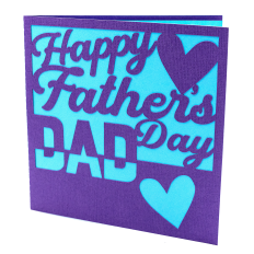 Square handmade Father's Day card featuring the words "Happy Father's Day Dad" in layered purple cardstock with two heart cutouts, backed by bright blue cardstock.