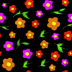 Flowers and leaves printable pattern - black background