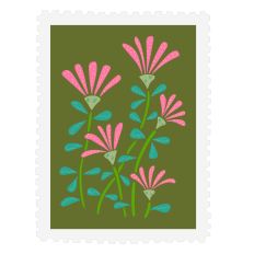 Sticker Faux Postage Stamp Style Flower 2 Hand Drawn Print and Cut