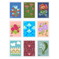Flower Faux Postage Stamp Style Sticker Sheet Hand Drawn Floral Print and Cut
