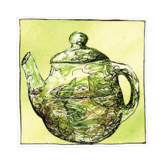Green Tea in Teapot - Watercolor and Ink Panel Print and Cut