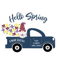 Hello spring gnome, flowers vintage truck