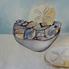 Beachy Sea Shells in a Bowl Watercolor Background