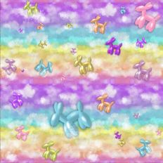 Balloon Dogs floating in  a magical pastel rainbow sky