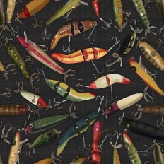 Antique Fishing Lures on soft smoky black
