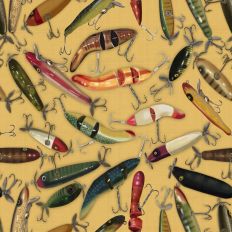 Antique Fishing Lures with Faux Linen texture on golden yellow