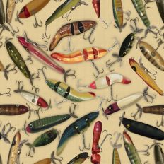 Antique Fishing Lures with Faux Linen texture on warm beige