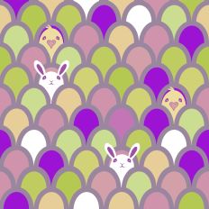 Shades of Fuchsia  and warm buttery yellow and chartreuse green Scalloped Design with bunnies and chicks for Easter