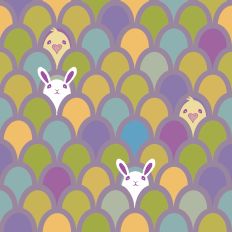 Shades of purples, yellows, greens and blue Scalloped Design with bunnies and chicks for Easter