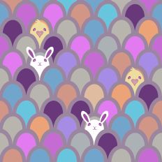 Easter Eggs, bunnies and chicks in scalloped design