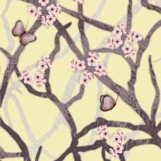 Buttery Yellow Background Design with Cherry Blossom Branches and Butterflies