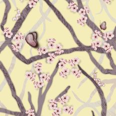 Buttery Yellow Background with Cherry Blossom Branches and Butterflies