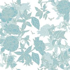 Elegant Peony Branches and Bees Floral Background in Aqua and White