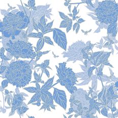 Elegant Peony Branches and Bees Floral Background in Powder Blue and White
