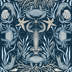 Sea Life Crustaceans Crabs, Lobsters, Starfish, Shrimp, Kelp and Coral on a Monochromatic blues