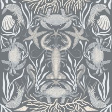 Sea Life Crustaceans Crabs, Lobsters, Starfish, Shrimp, Kelp and Coral on a Monochromatic blues
