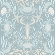 Sea Life Crustaceans Crabs, Lobsters, Starfish, Shrimp, Kelp and Coral in pale blues