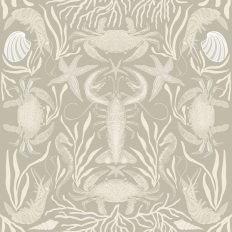 Sea Life Crustaceans Crabs, Lobsters, Starfish, Shrimp, Kelp and Coral on neutral taupe