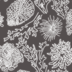 Shiny white coral designs on warm deep gray