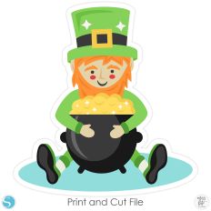 Leprechaun Sitting with Pot of Gold Blue Base St Patricks Day