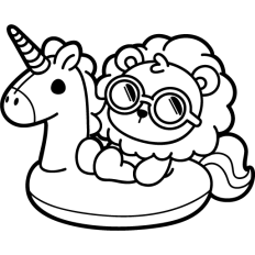lion relax on inflatable unicorn