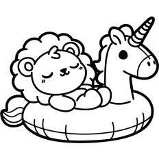 lion   sleeping on a inflatable unicorn lineart