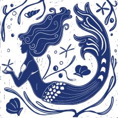 Vintage Woodcut Style Mermaid With Starfish Pattern