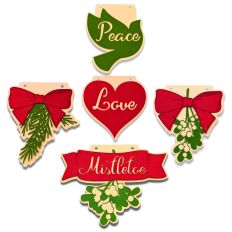 Celebrate the season with this fun Christmas Banner, featuring the humorous words "Peace, Love, and Mistletoe.  The banner set includes five (5) banner designs including a Dove that says “Peace”, a heart that says “Love” and a ribbon with mistletoe and th