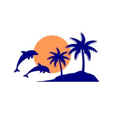 Dolphins with Island Sunset