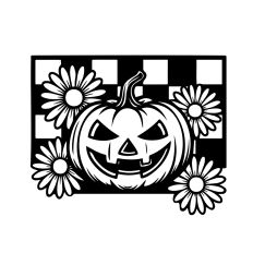 Pumpkin with checkered pattern and daisies