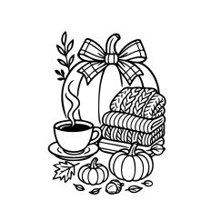 Pumpkin with coffee and knitted sweaters