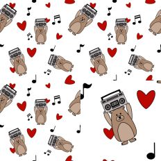 Bear Boom box music and hearts white Seamless pattern