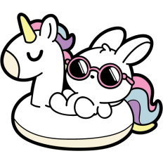 cute bunny on an inflatable unicorn