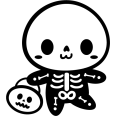 cute skeleton simple with pumpkin bucket lineart