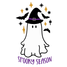 Spooky Season Ghost with Bats, Stars and Witch Hat