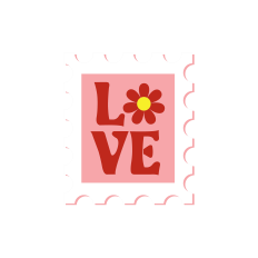 Stamp with LOVE in Red with a Red Flower and Yellow Center
