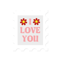 Stamp with Pink I LOVE YOU and Red Flowers with Yellow Centers