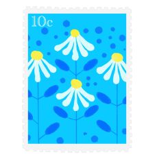 Sticker Faux Postage Stamp Flower Daisies on Blue